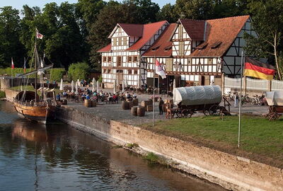 Schlagd: alter Werrahafen Wanfried mit Gasthaus "Zur Schlagd"